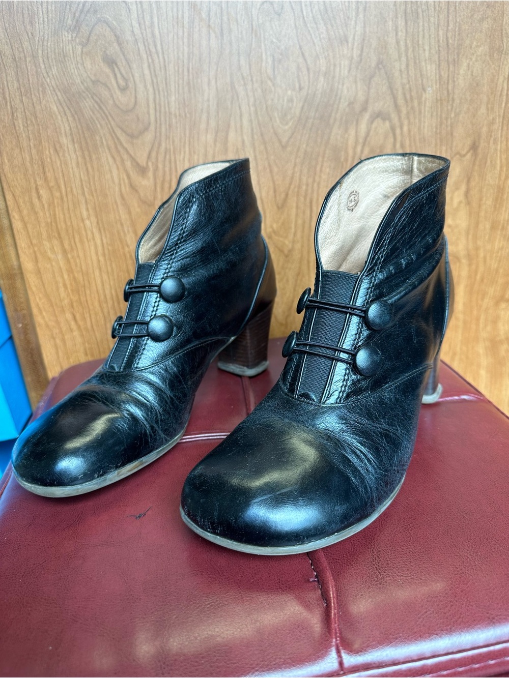 John Fluevog Black Leather Button-Strap Ankle Boots